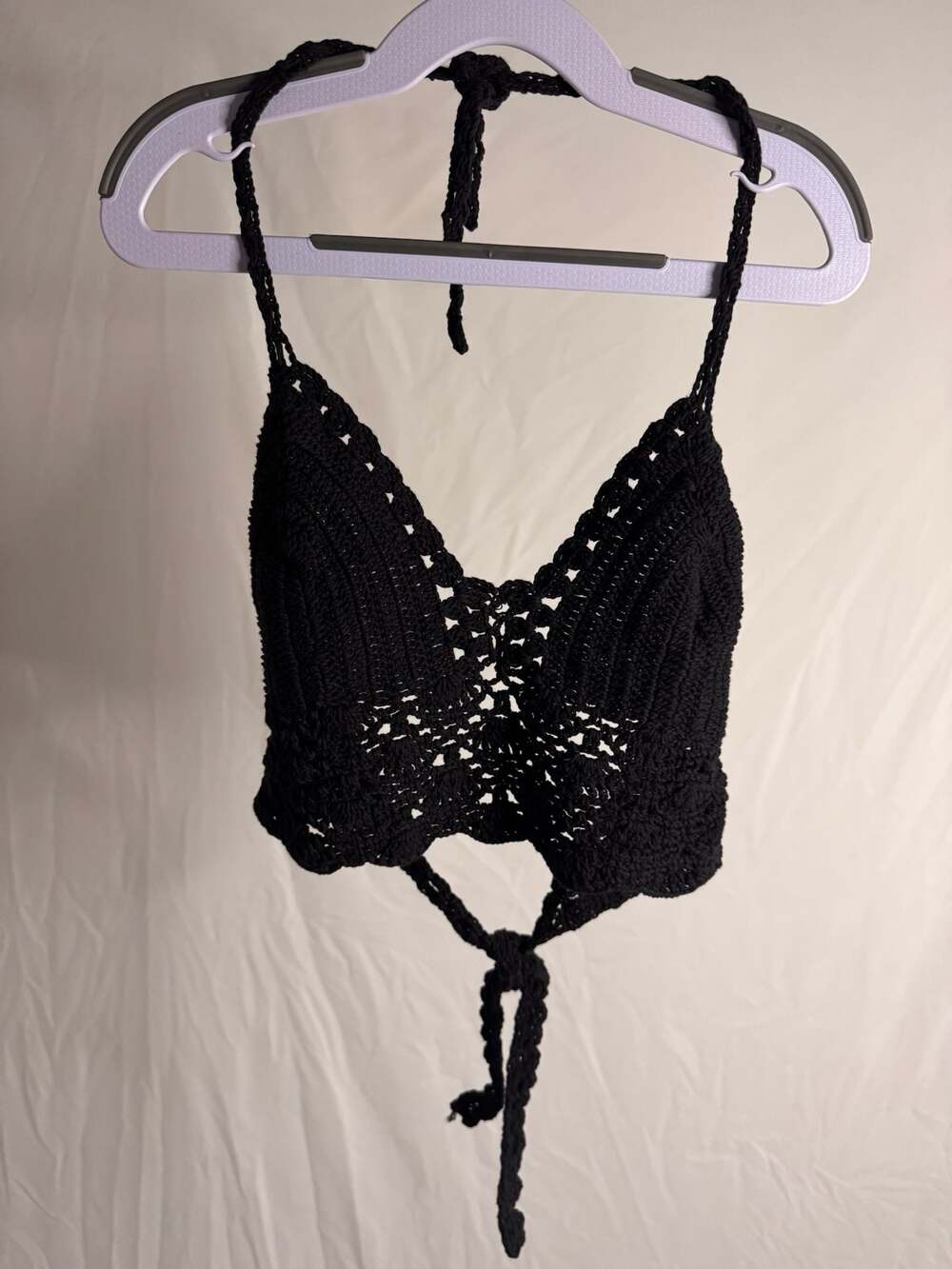 Black Crochet Halter Tie-Back Crop Top